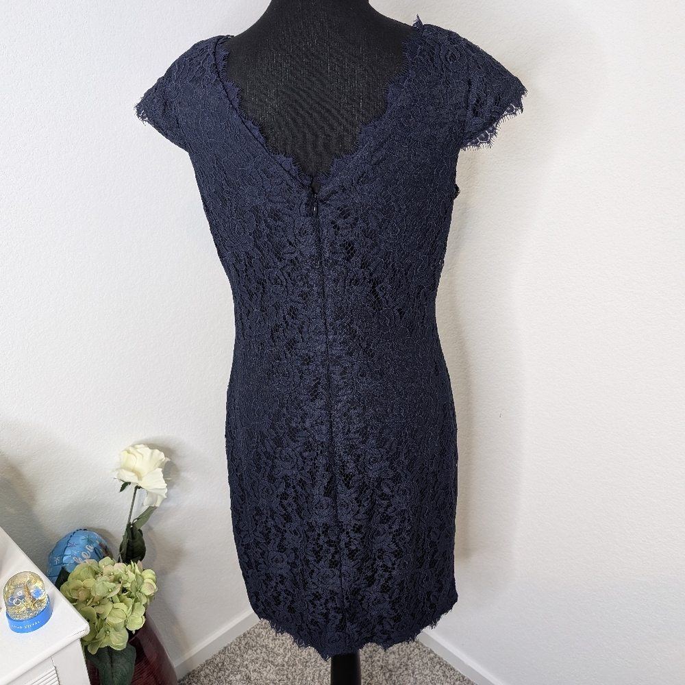 💘 Eliza J Cap Sleeve Lace Sheath Dress Navy 8 - Picture 4 of 7